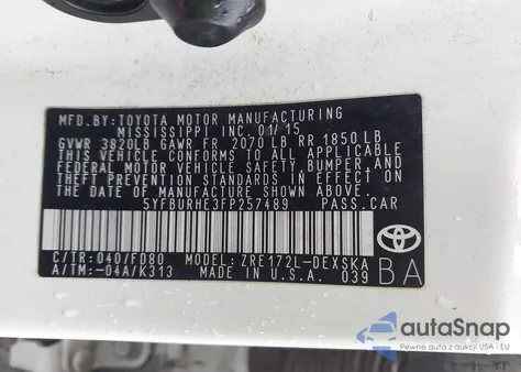 2015 Toyota Corolla S Plus from USA, damaged, VIN 5YFBURHE3FP257489